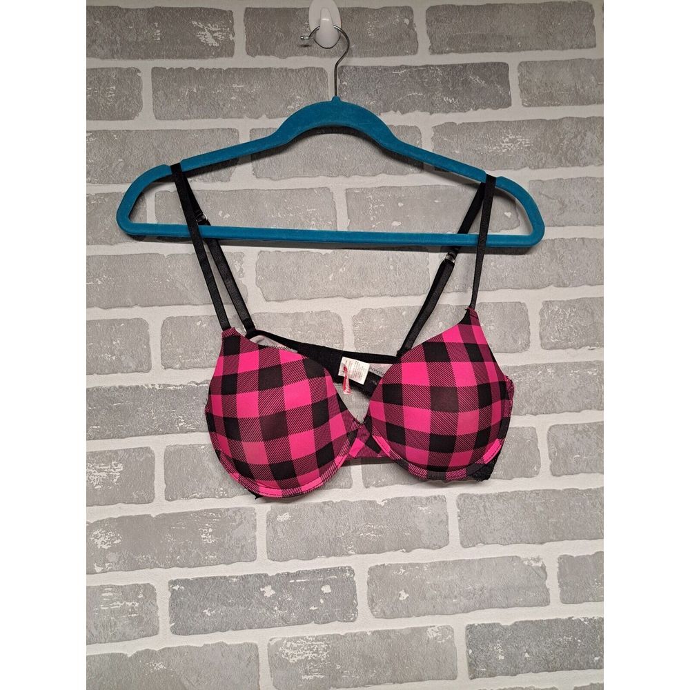 Dollhouse Womens Intimates Sleepwear Push Up Black Pink Plaid Bra Size 36D‎